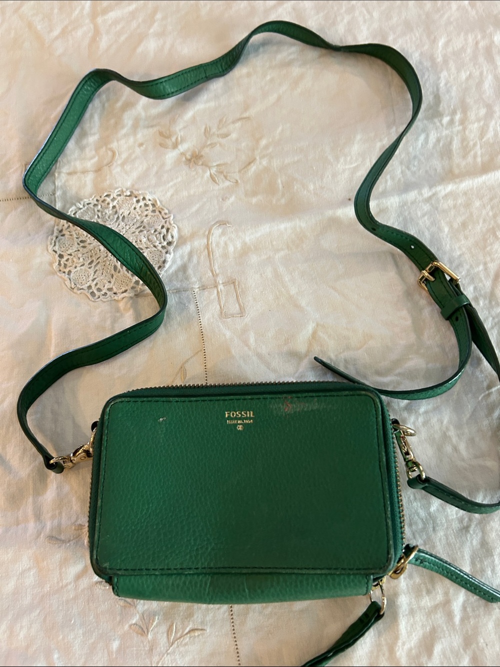 Fossil Green Leather Crossbody with Gold-Tone Accents